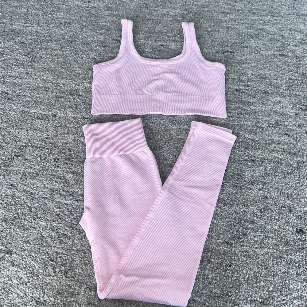 Pink Ribbed Crop Top and Leggings Set